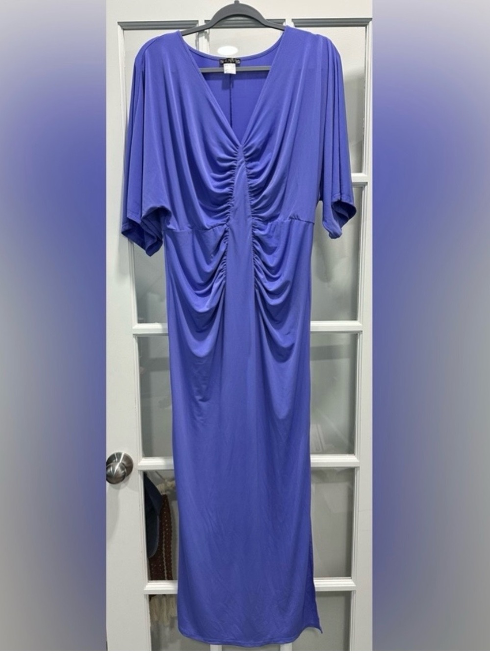 VENUS Blue Ruched Maxi Dress Large Dolman Sleeve Vacation Wedding Guest